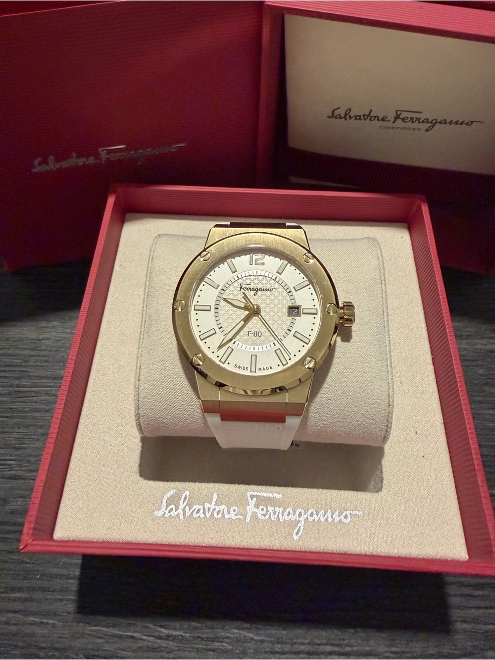 Salvatore Ferragamo Gold and White F-80 Style Watch